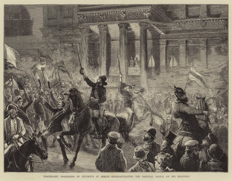 Fakkeloptog af studerende i Berlin, der lykønsker den kejserlige prins med hans helbredelse af William III Bromley