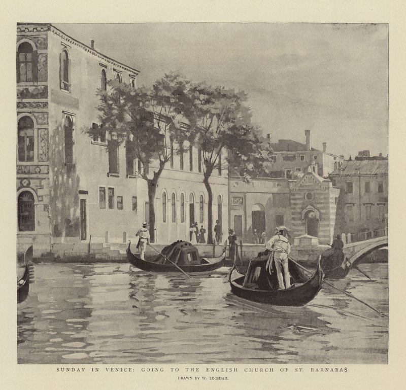 Søndag i Venedig, går til den engelske kirke St Barnabas af William Logsdail