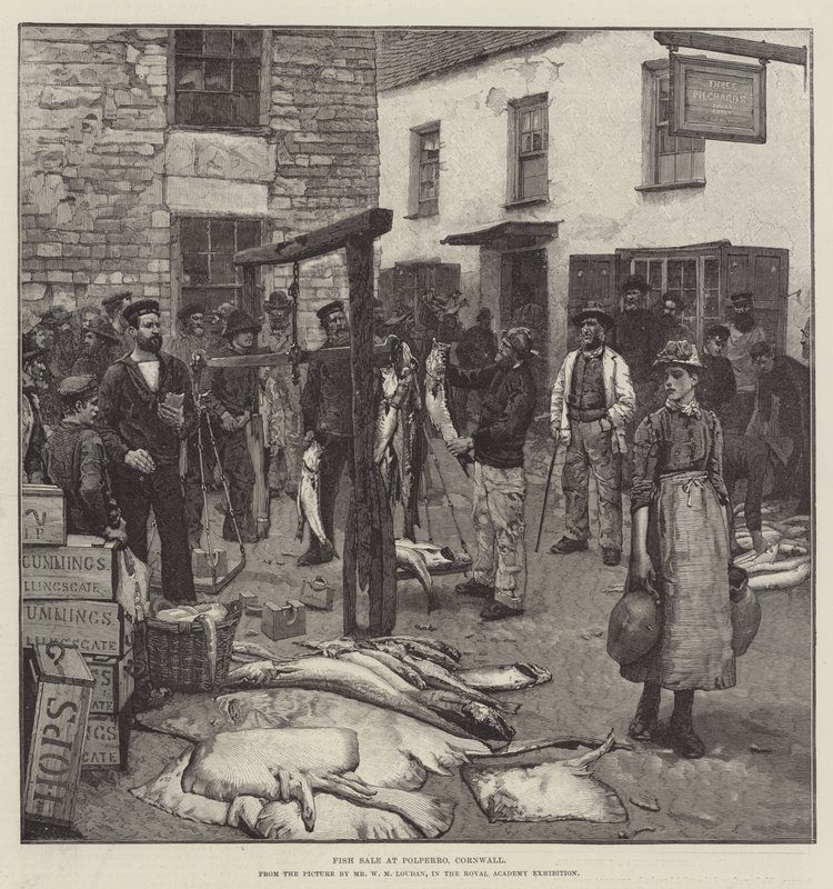Fiskeudsalg hos Polperro, Cornwall af William Mouat Loudan