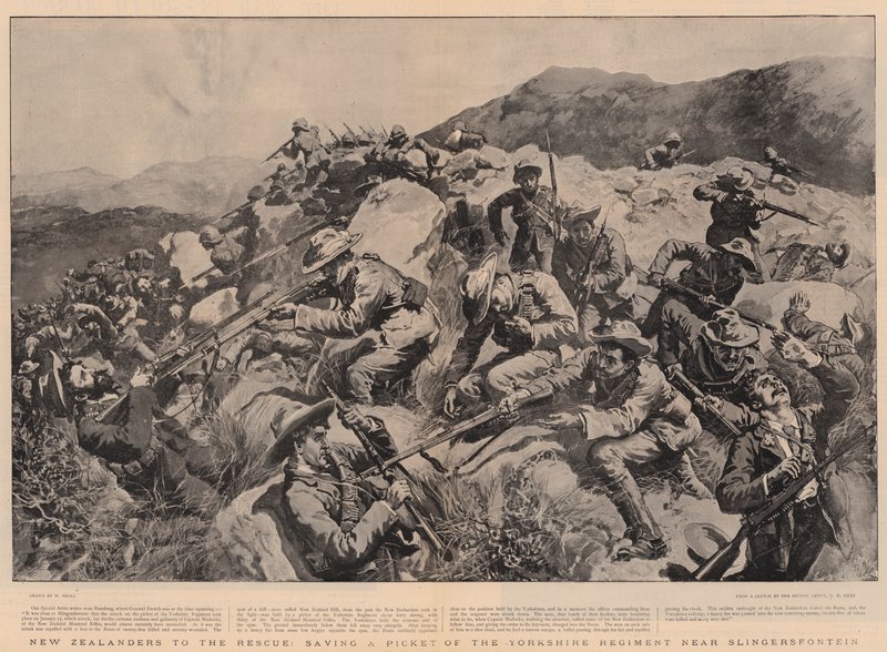 Newzealændere til undsætning og reddede en soldat fra Yorkshire-regimentet nær Slingersfontein af William Small