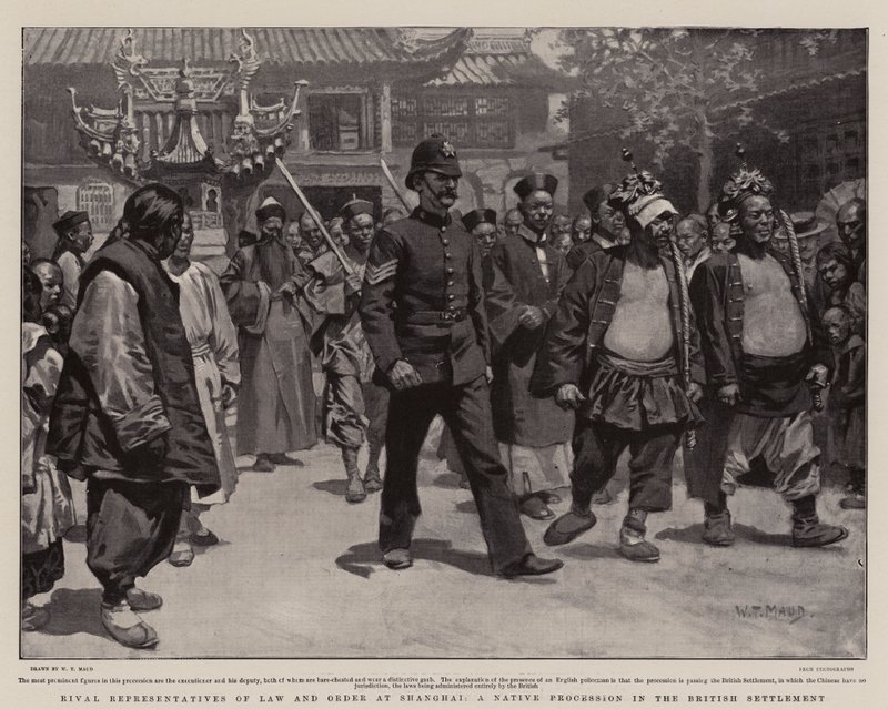 Rivalerende repræsentanter for lov og orden i Shanghai, en indfødt procession i den britiske bosættelse af William T. Maud