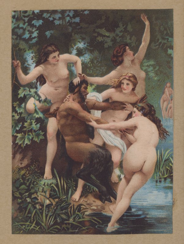 Satyr og nymfer (chromolitho) af William Adolphe (after) Bouguereau