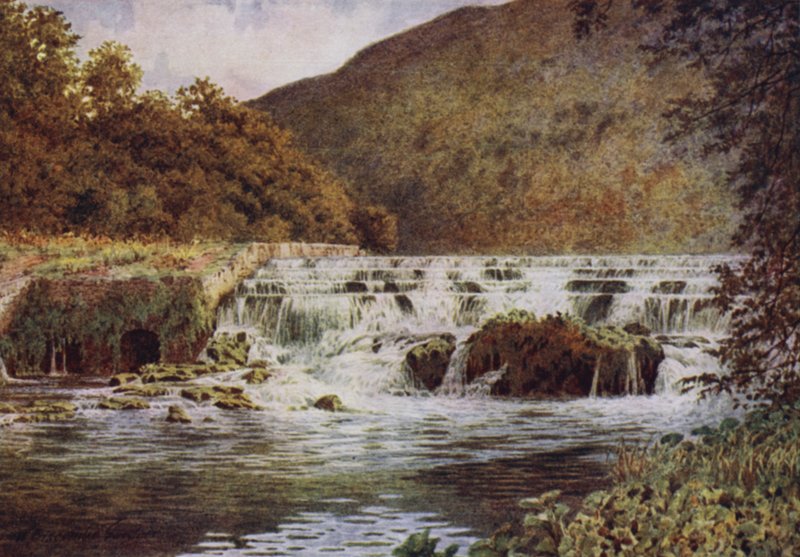 Vandfaldet, Monsal Dale (farve litho) af William Biscombe Gardner