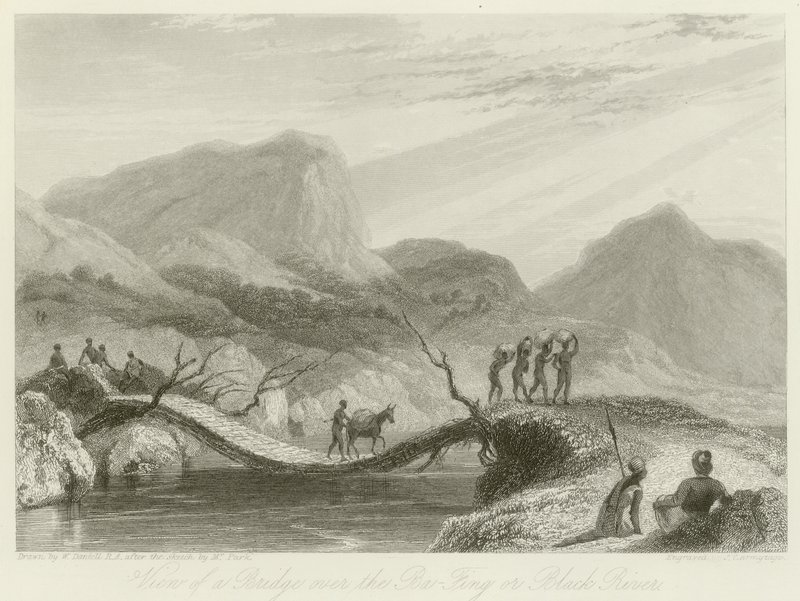 Udsigt over en bro over Ba-Fing af William Daniell