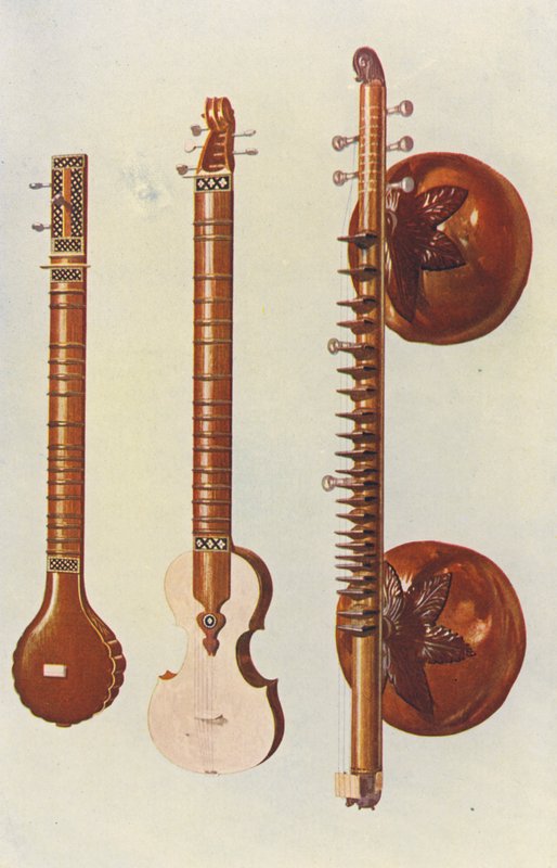 Musikinstrumenter: Sitarer og Vina (farvelitografi) af William Gibb