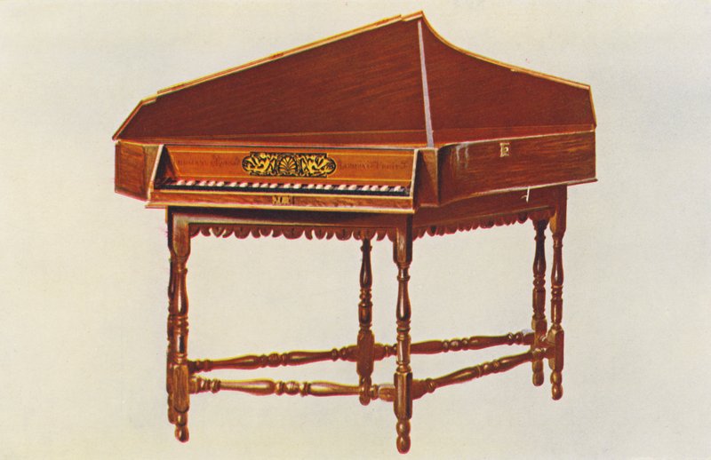 Musikinstrumenter: Spinet (farvelitografi) af William Gibb