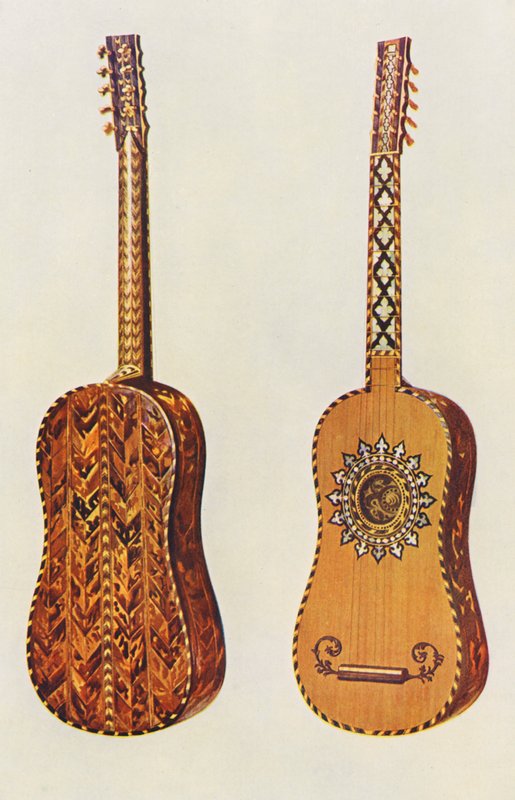 Musikinstrumenter: Rizzio-guitaren (farvelitografi) af William Gibb