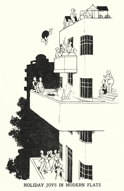 Ferieglæder i moderne lejligheder (litho) af William Heath Robinson