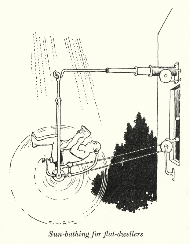 Solbadning for lejlighedsboere (litho) af William Heath Robinson