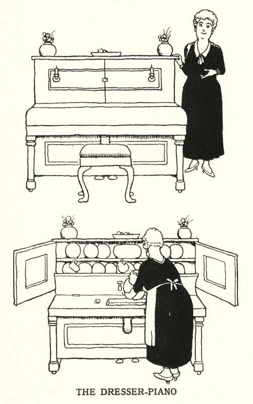Kommoden-klaveret (litho) af William Heath Robinson
