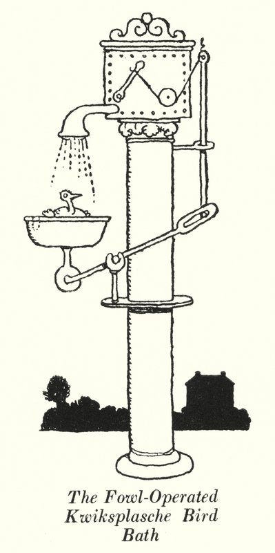 Det fugledrevne Kwiksplasche Fuglebad (litho) af William Heath Robinson