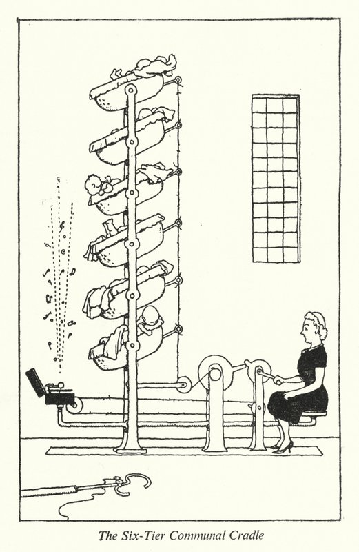Seks-lags fælles vugge (litho) af William Heath Robinson