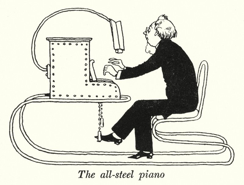 Klaveret i helt stål (litho) af William Heath Robinson