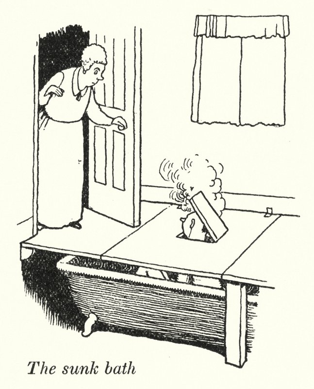Det nedsænkede bad (litho) af William Heath Robinson