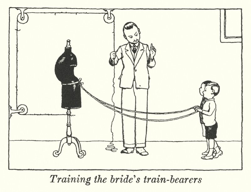 Træning af brudens togbærere (litho) af William Heath Robinson