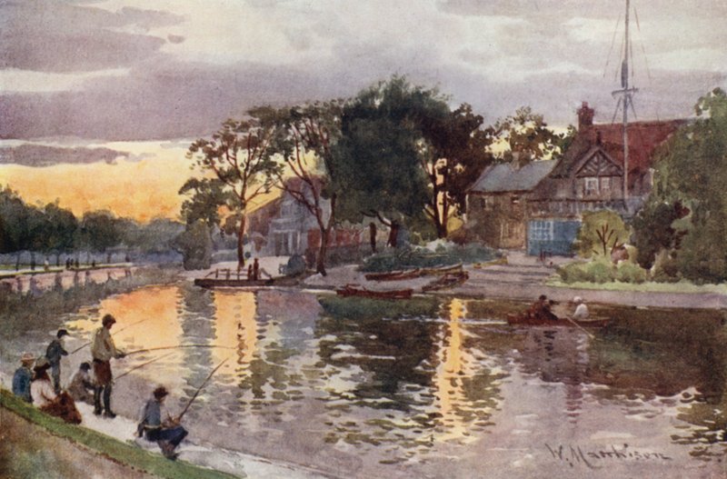 Universitetsbådehuse på Cam, solnedgang af William Matthison