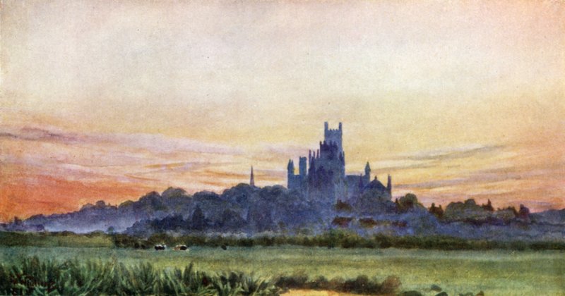 Ely from the Fens (farve litho) af William Wiehe Collins