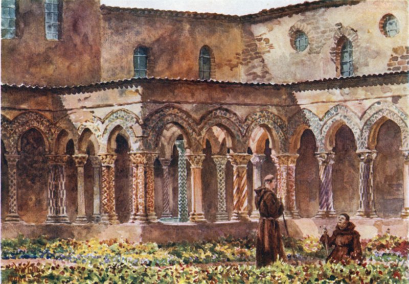 Monreale. The Cloisters (farve litho) af William Wiehe Collins