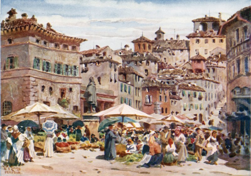 Perugia. Piazza Garibaldi (farve litho) af William Wiehe Collins