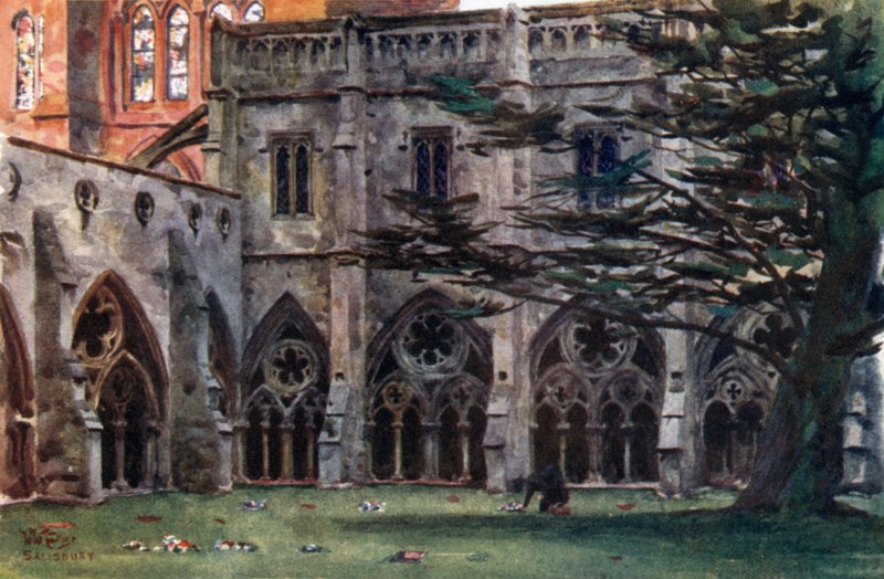 Salisbury, the Cloisters (farve litho) af William Wiehe Collins