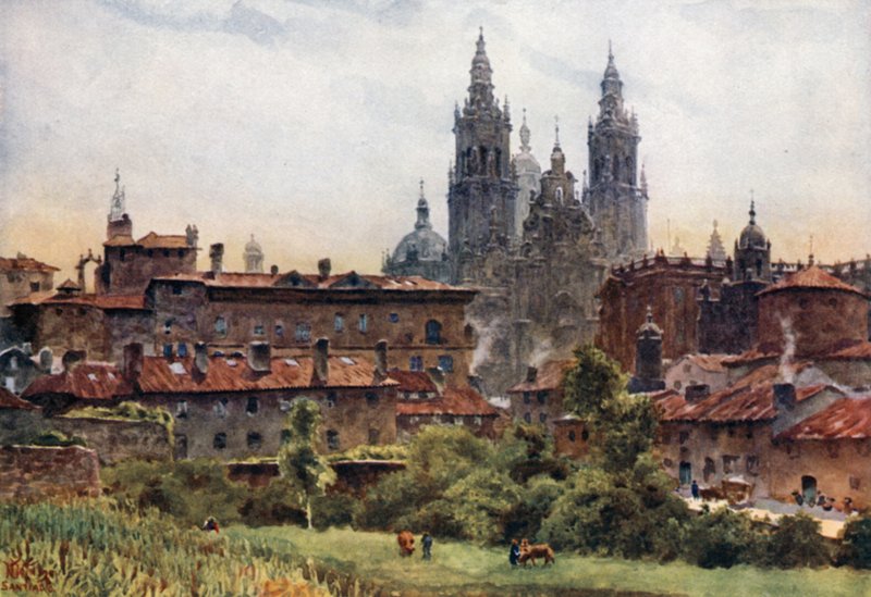 Santiago, katedralen (farve litho) af William Wiehe Collins
