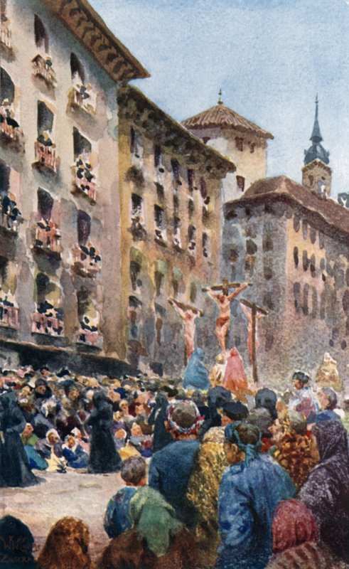 Saragossa, påskeprocession (farve litho) af William Wiehe Collins