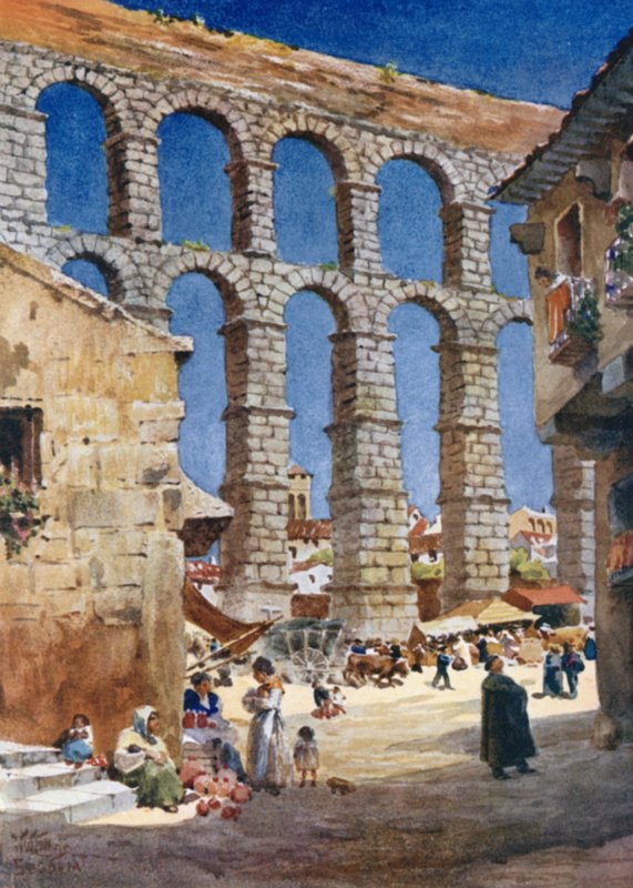 Segovia, akvædukten (farve litho) af William Wiehe Collins