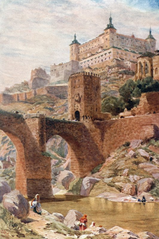 Toledo, Alcantara-broen (farve litho) af William Wiehe Collins