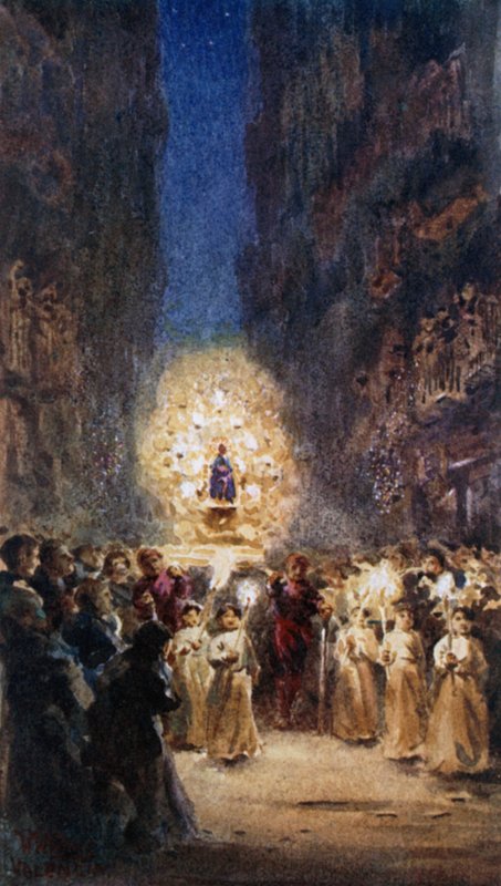 Valencia, religiøs procession (farve litho) af William Wiehe Collins