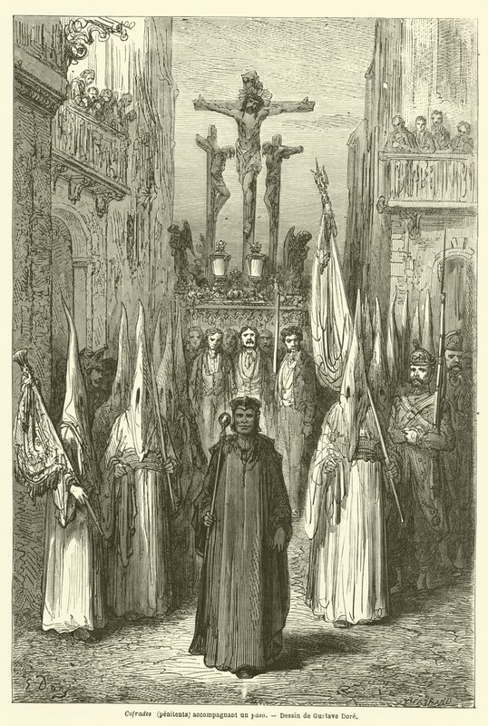 Cofrades (bødler), der ledsager en paso af Gustave after Dore