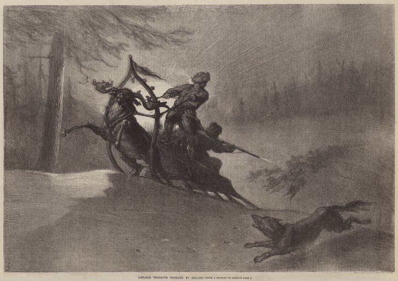 Laplandske bønder forfulgt af ulve af Gustave after Dore