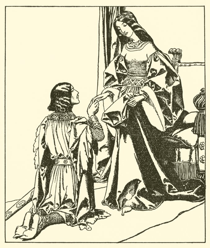 Sir Launcelot hilser på dronning Guinevere af after Howard Pyle