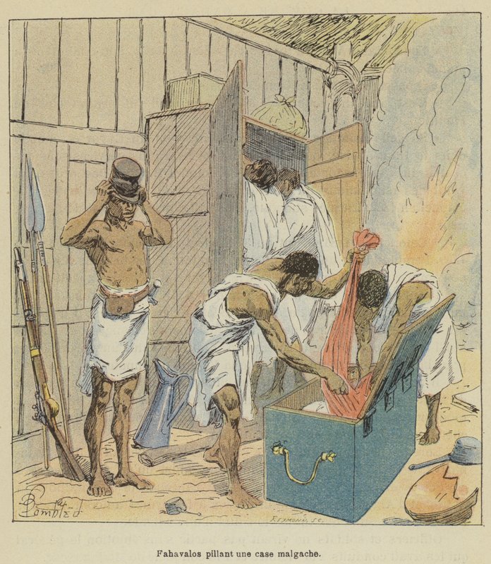 Fahavalos kaster en madagaskisk æske af after Louis Charles Bombled
