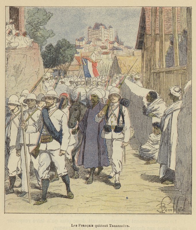 Franskmændene forlader Antananarivo af after Louis Charles Bombled