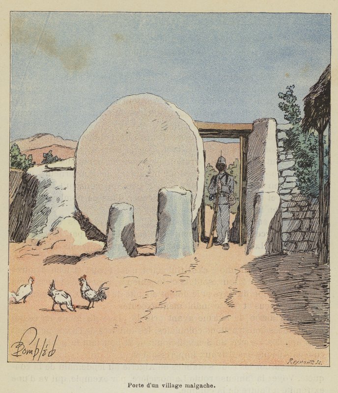 Dør til en madagaskisk landsby af after Louis Charles Bombled