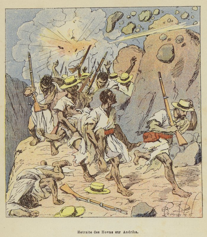 Retreat of the Hovas på Andriba af after Louis Charles Bombled