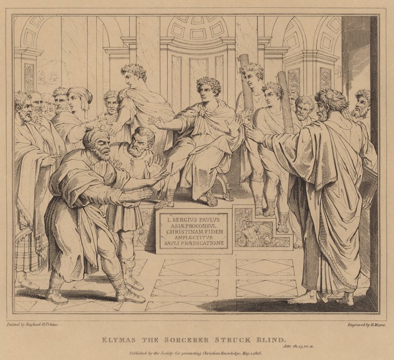 Troldmanden Elymas blev slået blind, Apostlenes Gerninger af after Raphael